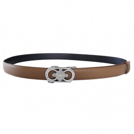 Ceinture  en cuir pleine fleur beigeavec boucle automatique argentée carre brillant