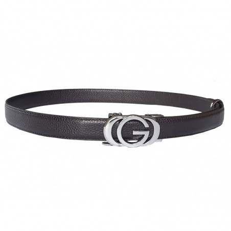 CC125Ceinture  en cuir pleine fleur prune avec boucle automatique  décor G argenté