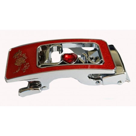 Boucle automatique cadre argenté décor rouge love pour ceinture Femme Lady à fermeture automatique