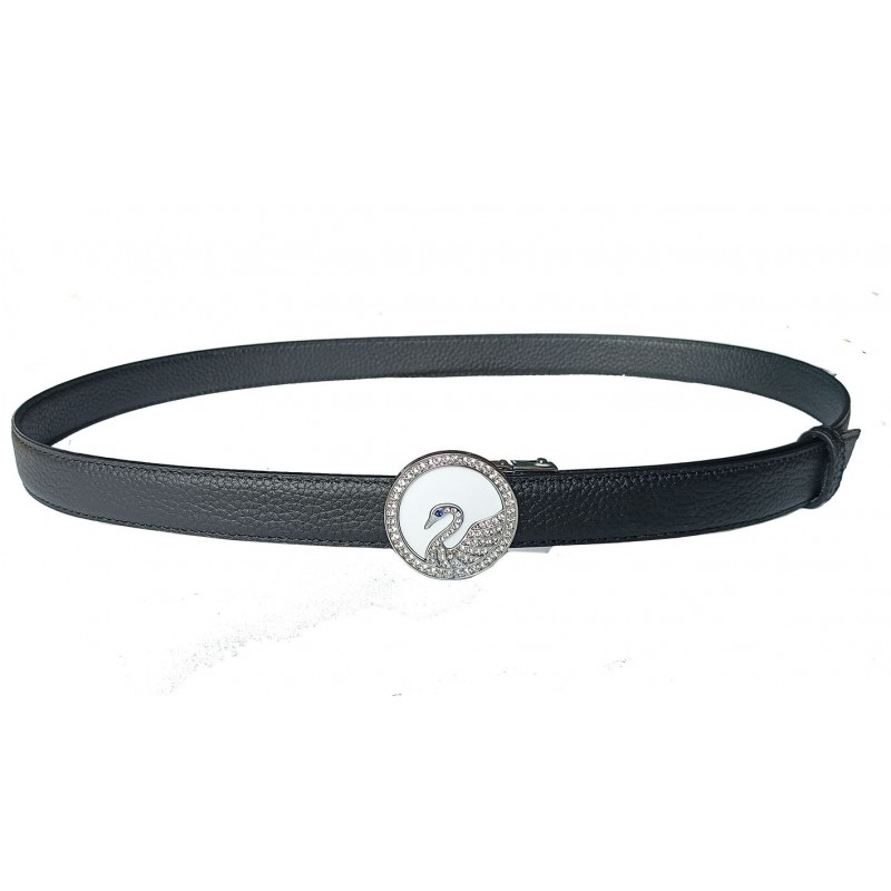 CC130Ceinture en cuir pleine fleur noire avec boucle automatique ronde décor Cygne CC130Ceinture en cuir pleine fleur noire avec boucle automatique ronde décor Cygne