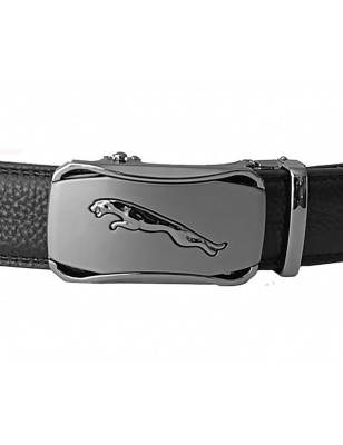 CC504B2 Ceinture en cuir pleine fleur noir avec boucle automatique décor plaque grise avec panthère