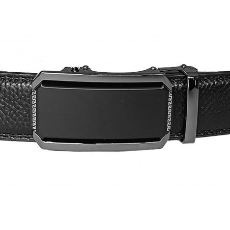 CC522B2 Ceinture en cuir pleine fleur noir avec boucle automatique décor plaque noire mat avec liserés blancs .