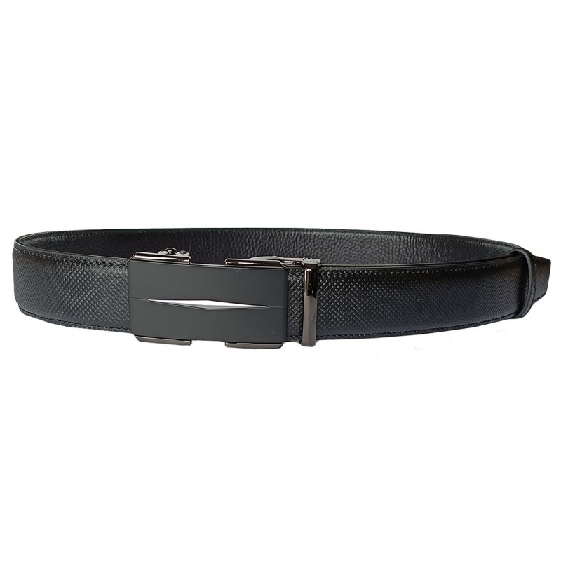CC509B5  Ceinture  en cuir pleine fleur noire de la gamme B5 avec boucle automatique décor plaque noire avec losange