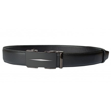 Ceinture en cuir en cuir pleine fleur noire avec sa boucle automatique décor plaque noire avec losange couleur argenté