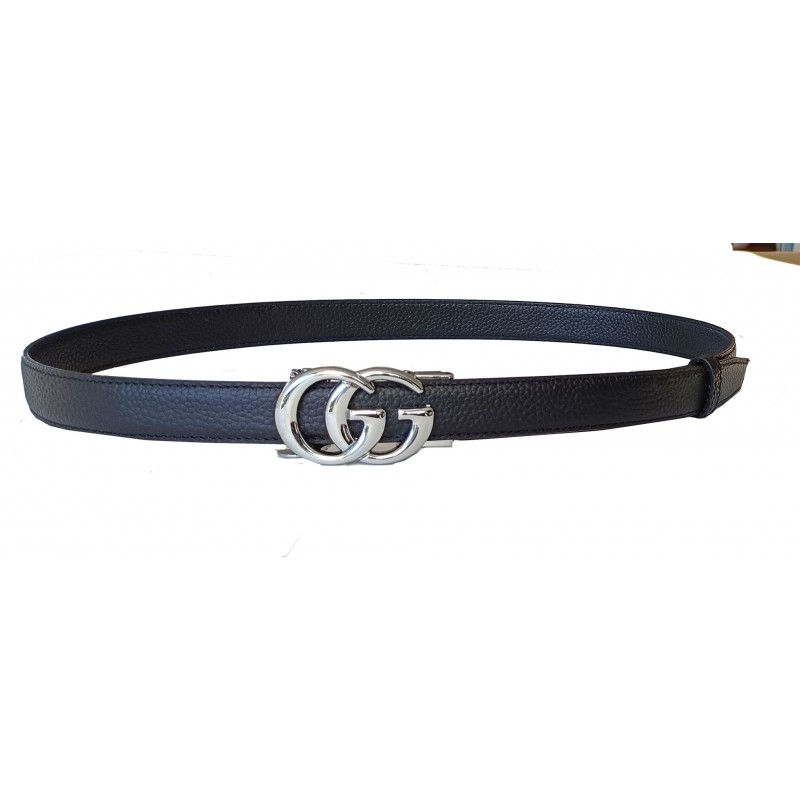 CC123 Ceinture en cuir pleine fleur bleu marine avec boucle automatique Double G argenté CC123 Ceinture en cuir pleine fleur bleu marine avec boucle automatique Double G argenté