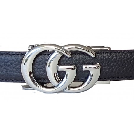 CC123 Ceinture  en cuir pleine fleur bleu marine avec boucle automatique Double G argenté