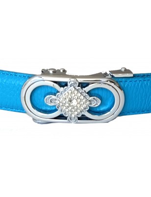 CC129 Ceinture  en cuir pleine fleur turquoise avec boucle automatique argentée carre brillant