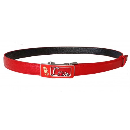 Ceinture  en cuir pleine fleur rouge avec boucle automatique  petit cœur love