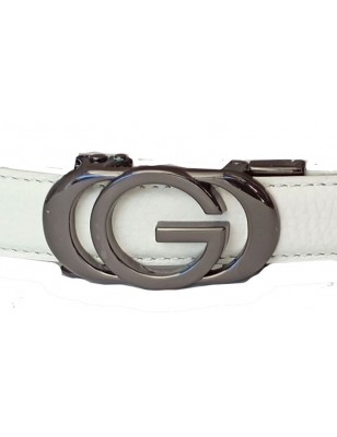 CC125b Ceinture  en cuir pleine fleur blanche avec boucle automatique  décor G noir