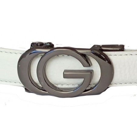 CC125b Ceinture  en cuir pleine fleur blanche avec boucle automatique  décor G noir
