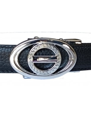 CC120b Ceinture  en cuir pleine fleur noir avec boucle automatique ovale argentée brillante