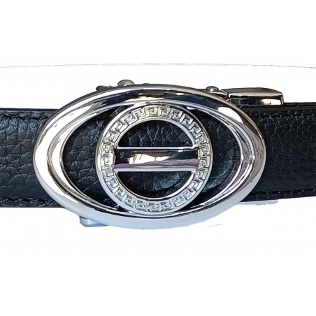 CC120b Ceinture  en cuir pleine fleur noir avec boucle automatique ovale argentée brillante