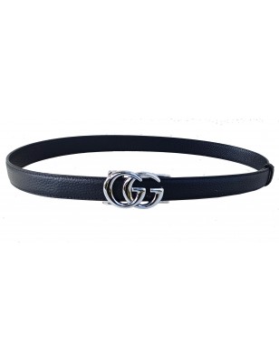 Ceinture  en cuir pleine fleur bleu marine avec boucle automatique double G argentée.