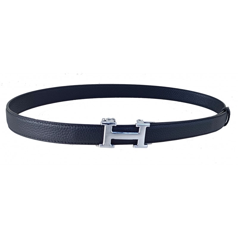 CC138 Ceinture en cuir pleine fleur noir avec boucle automatique H argentée CC138 Ceinture en cuir pleine fleur noir avec boucle automatique H argentée