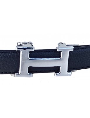 CC138 Ceinture  en cuir pleine fleur noir avec boucle automatique H argentée