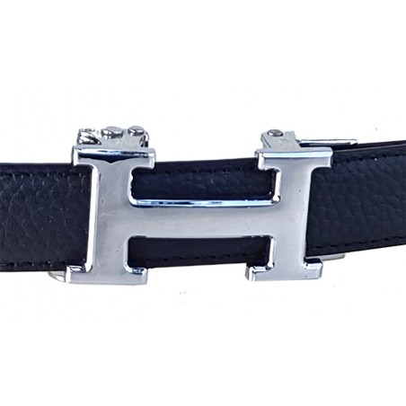 CC138 Ceinture  en cuir pleine fleur noir avec boucle automatique H argentée
