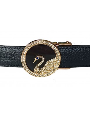 CC130b Ceinture  en cuir pleine fleur noire avec boucle dorée automatique ronde décor  Cygne