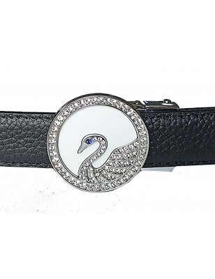 CC130Ceinture en cuir pleine fleur noire avec boucle automatique ronde décor Cygne