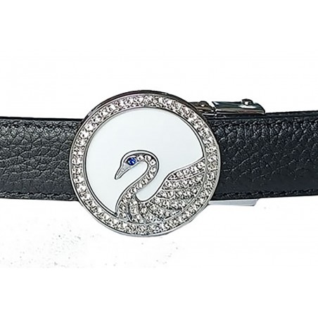 CC130Ceinture en cuir pleine fleur noire avec boucle automatique ronde décor Cygne