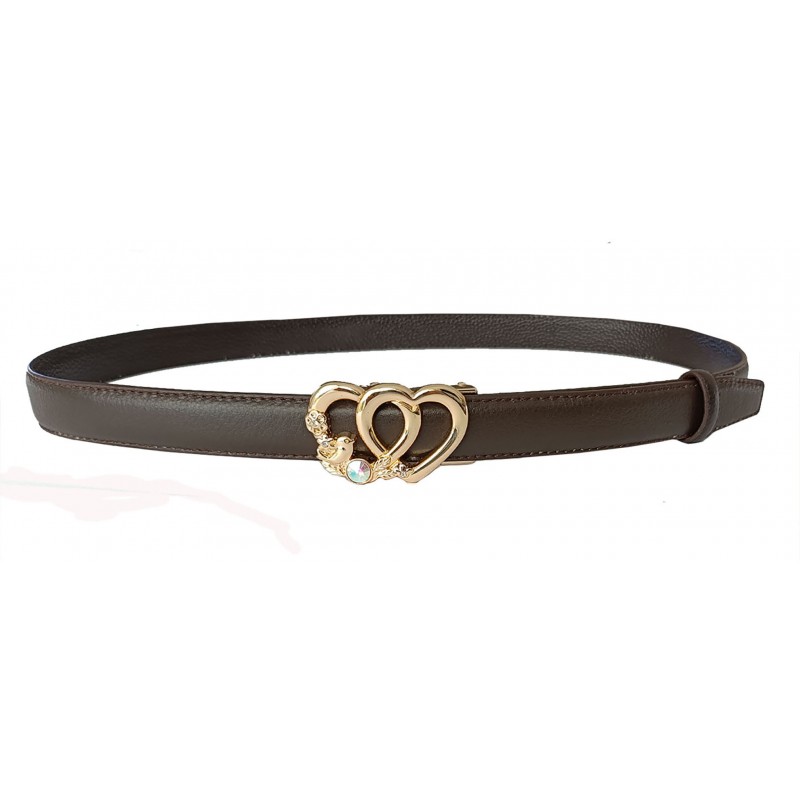CC136 Ceinture en cuir pleine fleur marron avec boucle automatique double cœur doré CC136 Ceinture en cuir pleine fleur marron avec boucle automatique double cœur doré