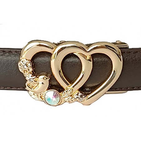 CC136 Ceinture  en cuir pleine fleur marron avec boucle automatique double cœur doré