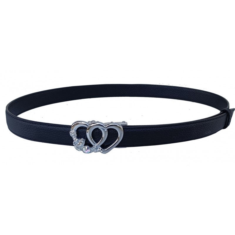 CC136 Ceinture  en cuir pleine fleur noir avec boucle automatique double cœur argenté brillant