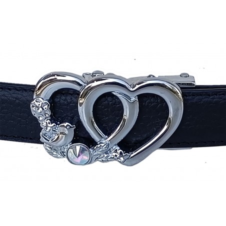 CC136 Ceinture  en cuir pleine fleur noir avec boucle automatique double cœur argenté brillant