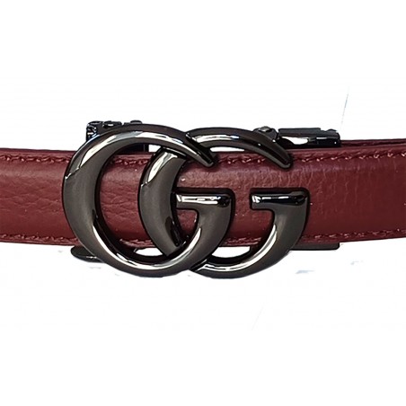 CC128 Ceinture  en cuir pleine fleur prune avec boucle automatique Double G noir