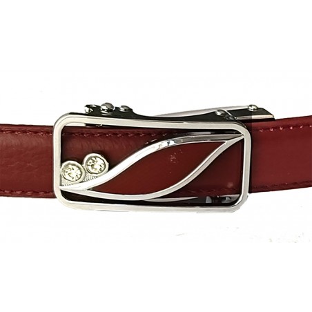 CC112 Ceinture  en cuir pleine fleur prune avec boucle automatique  virgule avec brillants