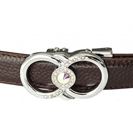 CC118Ceinture  en cuir pleine fleur marron avec boucle automatique infini argentée