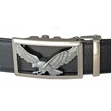 CC601B2 Ceinture  en cuir pleine fleur noir de la gamme B2 avec boucle automatique aigle royal