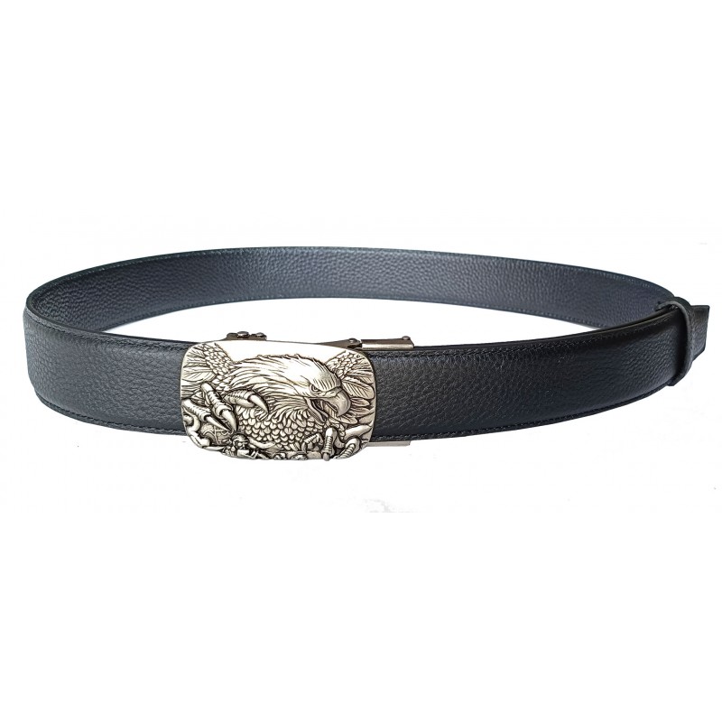 CC602B2 Ceinture  en cuir pleine fleur noir de la gamme B2 avec boucle automatique tête aigle royal
