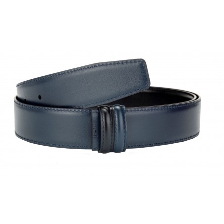 Lanière B5 réversible en cuir pleine fleur bleu et noir.