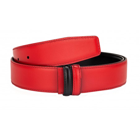 Lanière B5 réversible en cuir pleine fleur rouge et noir.