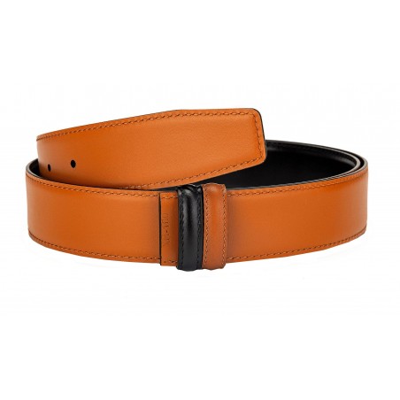 Lanière B5 réversible en cuir pleine fleur camel et noir.
