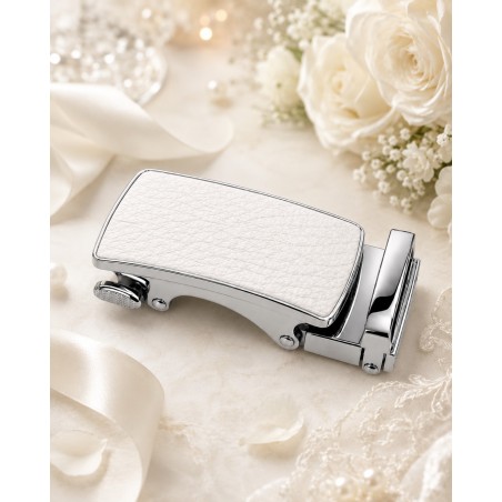 Boucle de ceinture Femme argentée à fermeture automatique motif cuir blanc