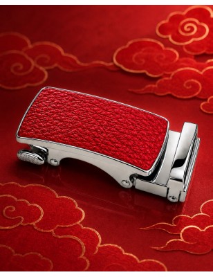 Boucle de ceinture Femme argentée à fermeture automatique motif cuir rouge