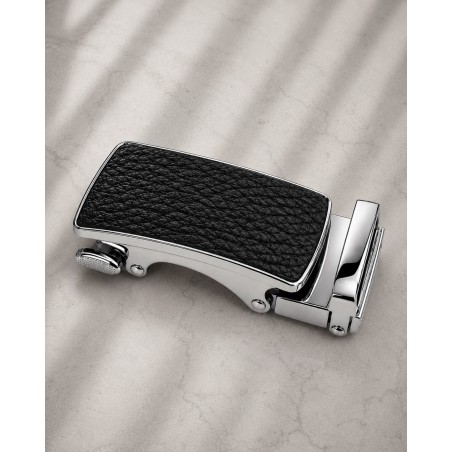 Boucle de ceinture Femme argentée à fermeture automatique motif cuir noir