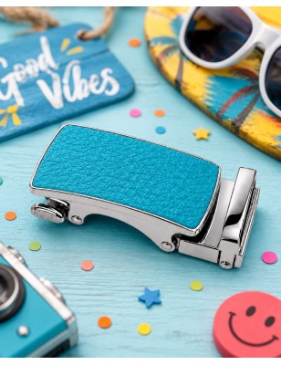 Boucle de ceinture Femme argentée à fermeture automatique motif cuir bleu turquoise