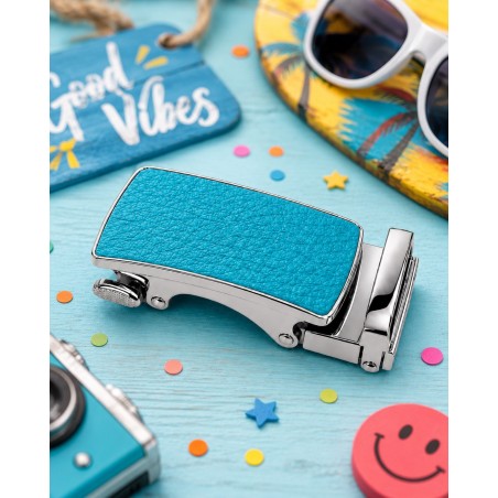 Boucle de ceinture Femme argentée à fermeture automatique motif cuir bleu turquoise