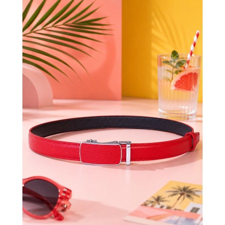 Ceinture  en cuir pleine fleur rouge avec boucle automatique assortie