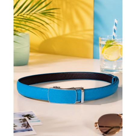 Ceinture  en cuir pleine fleur bleue turquoise avec boucle automatique assortie