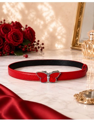 Ceinture  en cuir pleine fleur avec boucle automatique décor papillon rouge