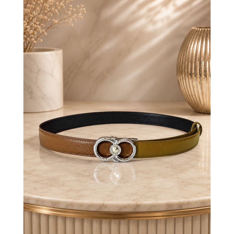 CC118 Ceinture en cuir pleine fleur marron clair avec boucle automatique infini argentée CC118 Ceinture en cuir pleine fleur marron clair avec boucle automatique infini argentée