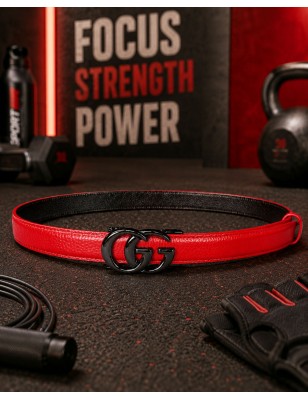 Ceinture  en cuir pleine fleur rouge avec boucle automatique double G noire.