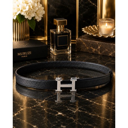 Ceinture  en cuir avec boucle automatique décor H noir