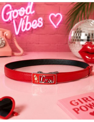 Ceinture  en cuir pleine fleur rouge avec boucle automatique  petit cœur love