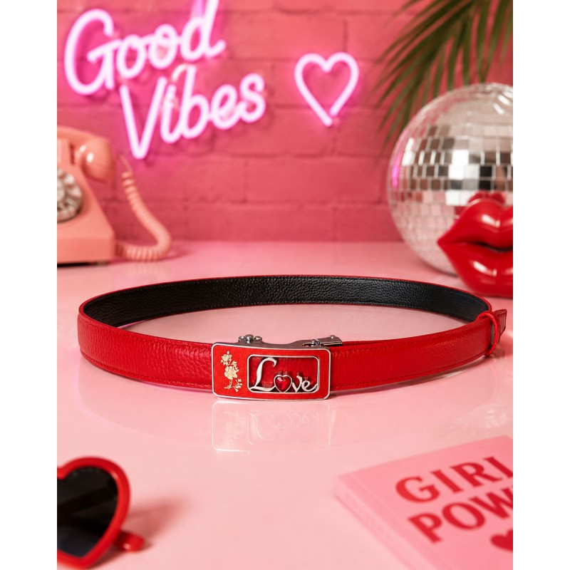 CC137 Ceinture en cuir pleine fleur rouge avec boucle automatique petit cœur CC137 Ceinture en cuir pleine fleur rouge avec boucle automatique petit cœur
