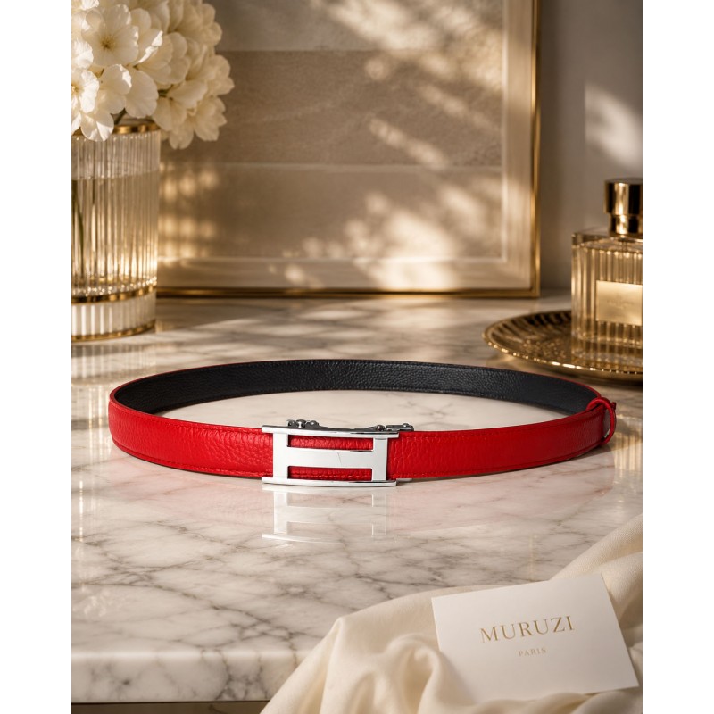 CC127b Ceinture en cuir pleine fleur rouge avec boucle automatique argenté brillant CC127b Ceinture en cuir pleine fleur rouge avec boucle automatique argenté brillant