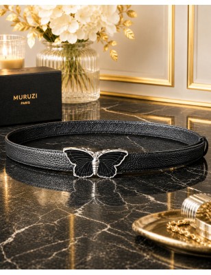 Ceinture  en cuir avec boucle automatique papillon noir